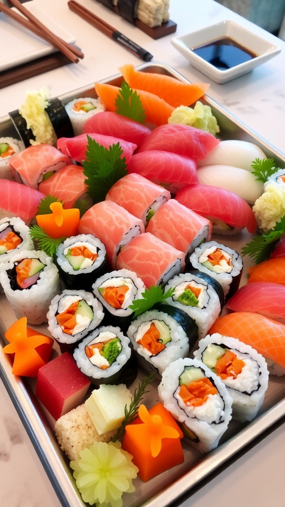 An elegant sushi tray with assorted sushi rolls, sashimi, and colorful garnishes, set on a rustic wooden table.